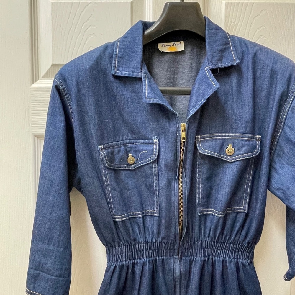 Vintage Sunny South Women's (M) Zip Front Cinched Waist Denim Shirt Dress 70's